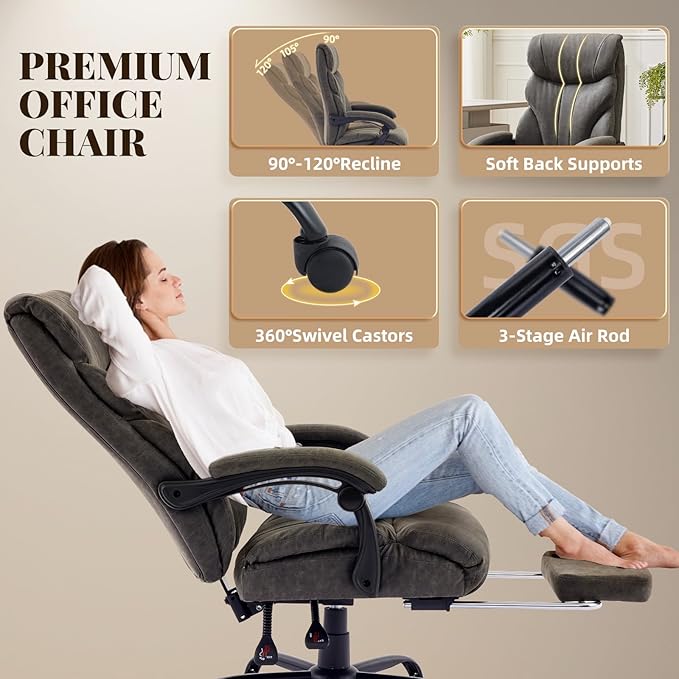 Garvee Comfortable Office Desk Chair 500 LBS, Big and Tall Office Chairs with Adjustable Flip-up Armrests,100-118°Recline Executive Leather Gaming Chair for Heavy People, Long Hours,Gray