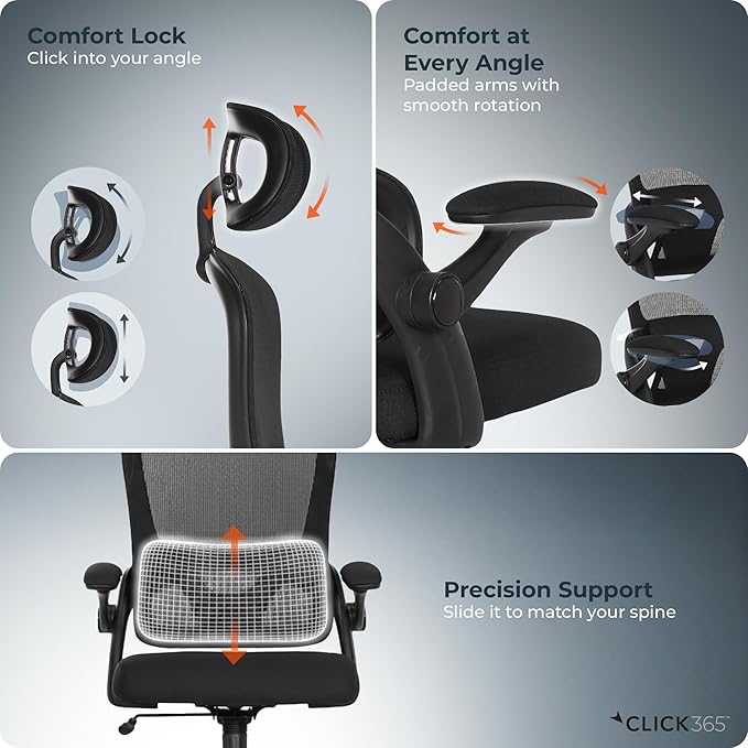 AeroCore M320 Ergonomic Office Chair, High Back Breathable Mesh Computer Chair with Lumbar Support, Adjustable Headrest & Tilt, Flip-Up Arms, 360° Swivel Home Office Desk Chair, Black