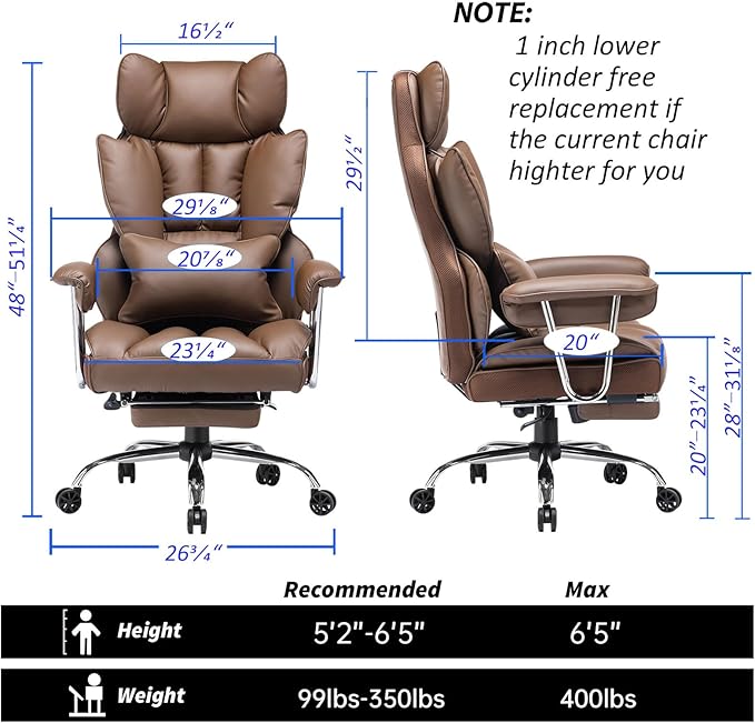 Efomao Big and Tall Office Chair 400lbs – High Back Executive Chair with Swivel Base, PU Leather Upholstery, Lumbar Pillow, Padded Armrests, and Rolling Wheels，Brown Computer Chair