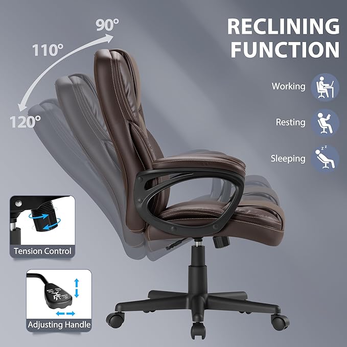 Shahoo Ergonomic Office Chair Executive PU Leather Chair with Comfortable Head Rest, Thickened Cushioned Armrest and Lumbar Support for Office & Home, Brown