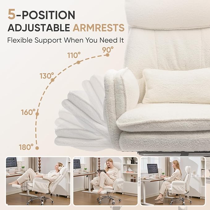 Big and Tall Office Chair with Flip Armrests, Cross Legged Office Chair with Storage Pockets, Comfortable Reclining Computer Chair with Foot Rest, Wide Home Desk Chair, Teddy Fleece, Cream