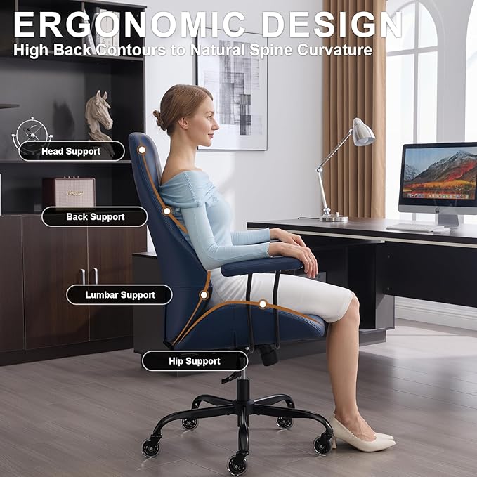 E-Motie Office Chair with Rubber Wheels, Ergonomic Computer Chair 500 lbs, Leather Desk Chair with Lumbar Support, Executive Chair Adjustable Height & Recline, Blue