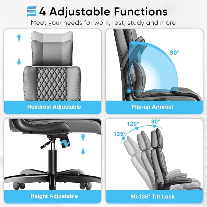 Sytas Ergonomic Office Chair with Adjustable Headrest, Executive Leather Desk Chair with Upgraded Lumbar Support for Lower Back Pain Relief, Thickened Backrest Computer Chair for Home Office, Gray