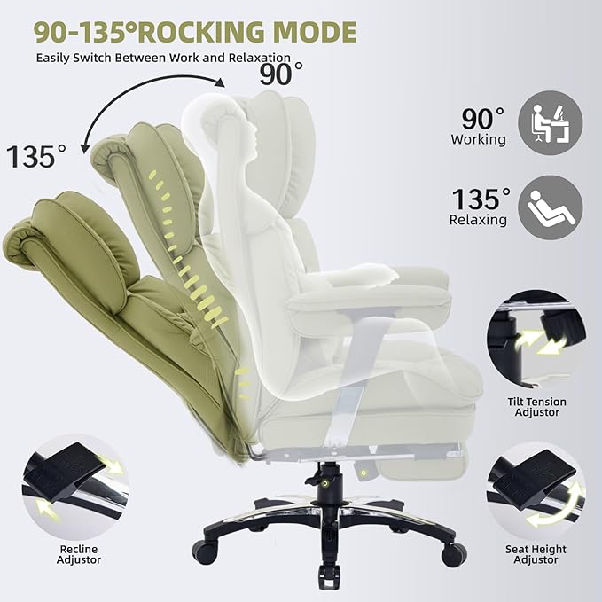Efomao Desk Office Chair, X-Embroidery Big and Tall PU Leather Home Chair, Adjustable High Back Computer Gaming Chair, 200kg Swivel Executive Office Chair with Footrest and Lumbar Support, OLIVE GREEN