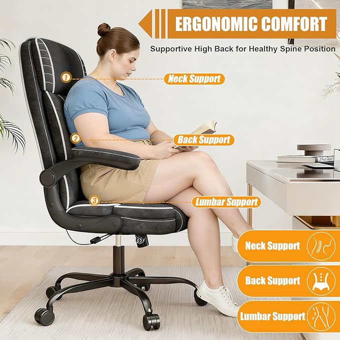Big and Tall Office Chair with Adjustable Lumbar Support,Breathable Fabric High Back Desk Computer Chair with Adjustable Flip-up Armrests,Ergonomic Swivel PC Chair with Rocking Function