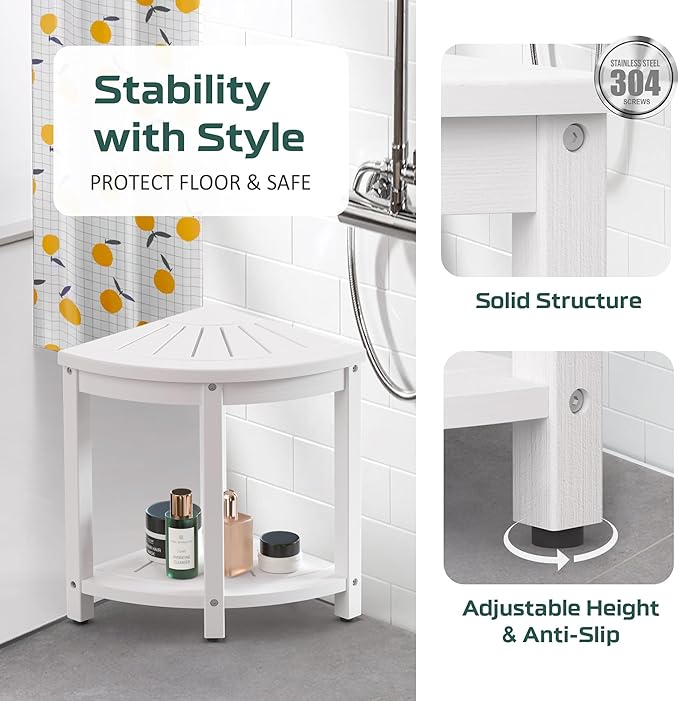 Waterproof Corner Shower Stool for Inside Shower, Poly Lumber Shower Bench Seat Chair, Bath Shower Stool for Shaving Legs Foot Rest with Storage Shelf, Adjustable & Non-Slip Feet, White
