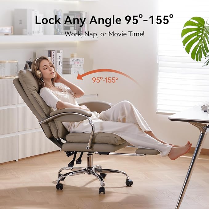 LEAGOO Office Chair with Foot Rest, Executive Reclining Office Chairs with Arms, Ergonomic High Back PU Leather Comfy Swivel Computer Desk Chairs with Wheels and Lumbar Support for Home Office, Tan