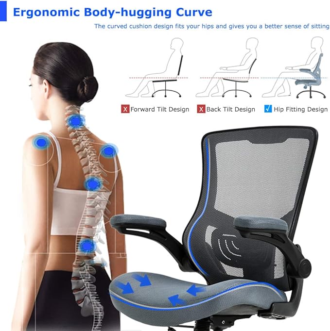 Office Chair Desk Chair Computer Chair with Lumbar Support Flip Up Arms Modern Task Adjustable Swivel Rolling Executive Mesh Ergonomic Chair for Back Pain, Grey