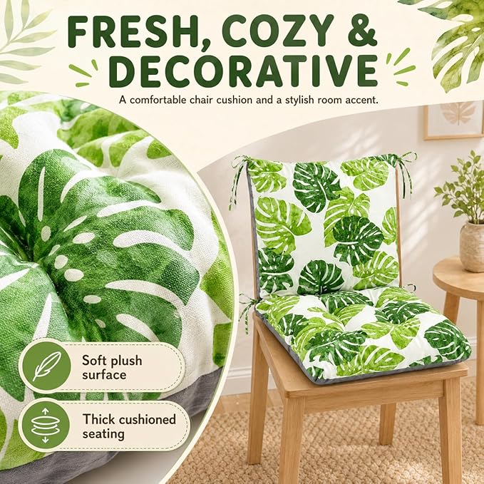 ChezMax Chair Cushion Cotton Linen Detachable Seat Back Cushion with Ties Thickened Chair Pads for Outdoor Car Office Patio Bedroom Living Room Green Bale