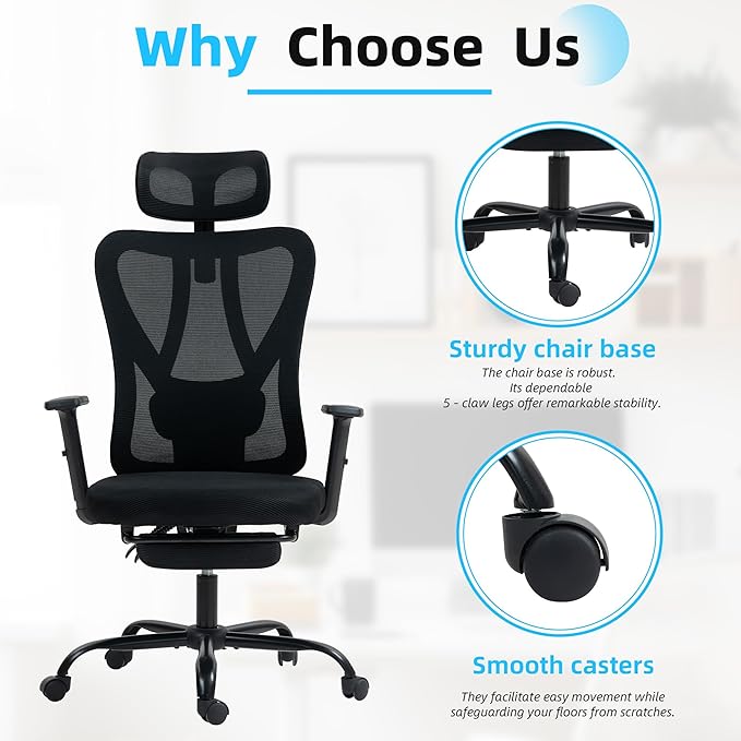 ECOTOUGE Office Computer Desk Chair, Ergonomic High-Back Mesh Work Chairs with Wheels and Adjustable Height, Comfortable Lumbar Support, Comfy Armrest for Home, Bedroom, Study, Black
