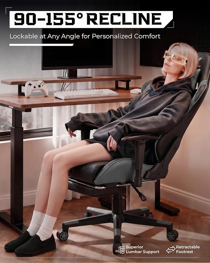GTPLAYER Gaming Chair, Big and Tall Video Game Chair with High Back PU Leather, Home Office Ergonomic Computer Chair with Footrest, Adjustable Height, 360° Swivel Wheels for Adults and Teens