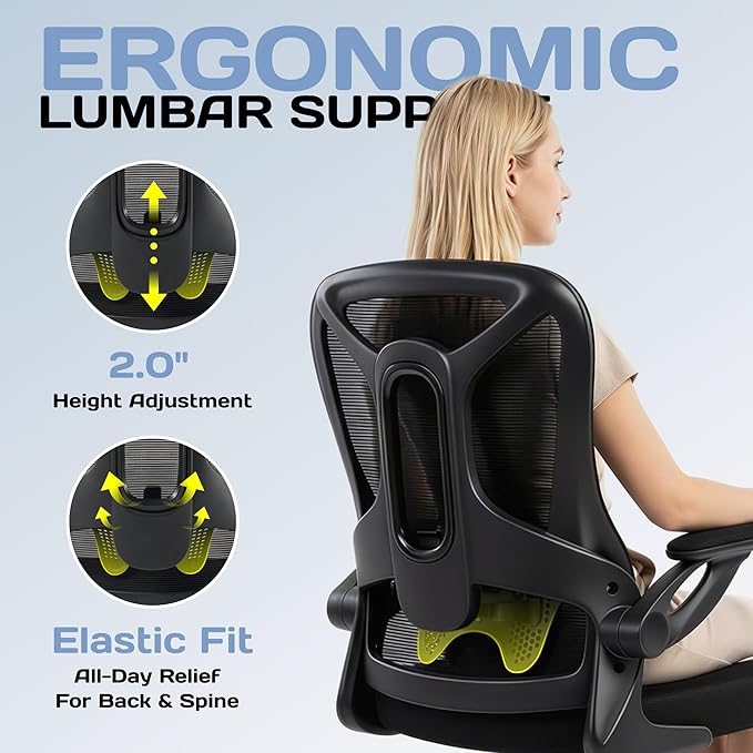 Ergonomic Office Chair, 300 lbs Heavy Duty Mesh Computer Chair with Adjustable Lumbar Support, 90° Flip-up Arms Space Saving Desk Chair, Mid Back Breathable Task Chair for Home Office, Black