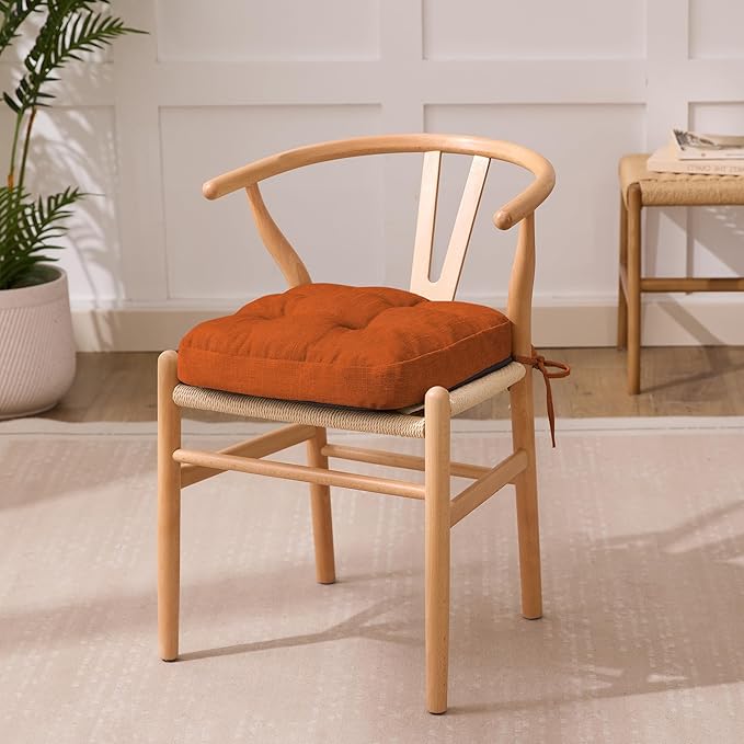 IASEAHK Chair Cushions for Dining Chairs, Dining Chair Cushions, Tufted Indoor Chair Pads with Ties & Non Slip Backing, Seat Cushions for Kitchen Chairs 16.5” x 16.5” x 3.5”, Set of 6, Orange