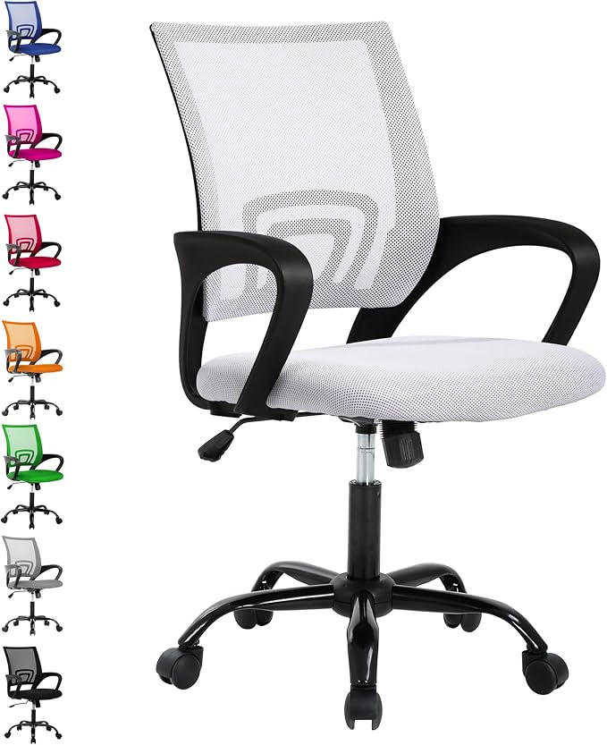 MKDLUFEI Office Chair, Ergonomic Cheap Desk Chair with Lumbar Support, Adjustable Mid Back Task Rolling Swivel for Home Office Student, Adults,Study, White