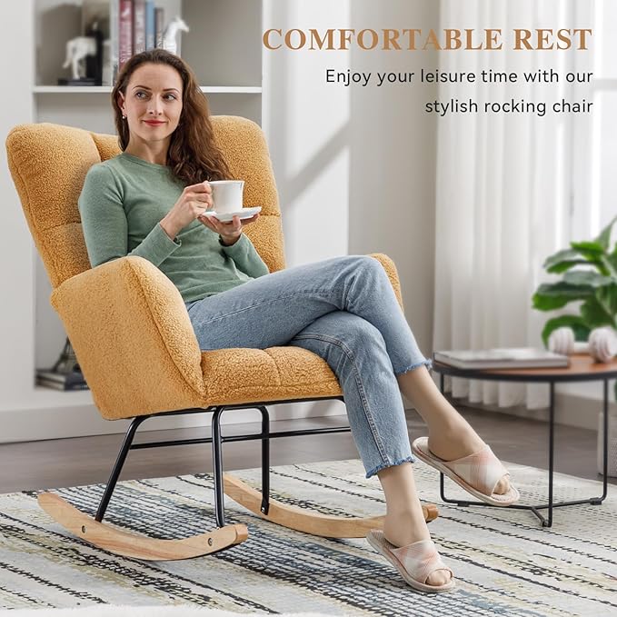 FOXHUNTER Rocking Chair Nursery Teddy Upholstered Glider Rocker High Backrest Nursery Rocker Comfortable Stylish Accent Armchair for Living Rooms Bedrooms Offices (Teddy Kahaki)
