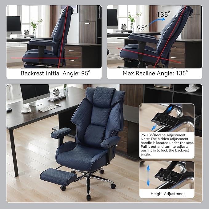 EXCEBET Big and Tall Office Chair with Footrest, PU Leather High Back Executive Office Chair 400lbs, Ergonomic Computer Chairs Lumbar Support for Heavy People (Blue)