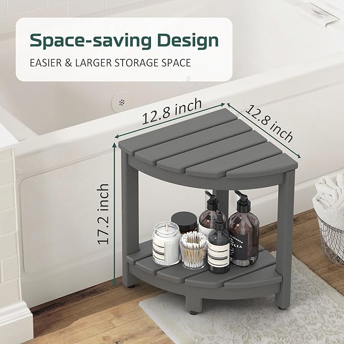 Corner Shower Stool for Inside Shower, HDPE Waterproof Shower Bench Seat Chair, Plastic Bath Shower Stool for Shaving Legs Foot Rest with Storage Shelf, Adjustable & Non-Slip Feet, Grey