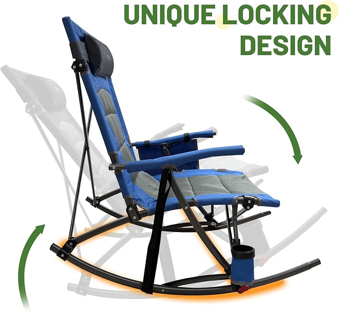 13.8" High Seat Rocking Camping Chair Outdoor with Foot Rest & Headrest, Oversized Folding Rocker Chair with Carry Bag for Lawn Patio Supports 300 lbs