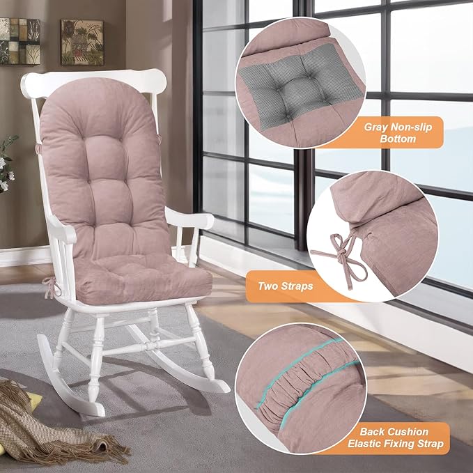 Rocking Chair Cushion - Chenille Fabric, High-Density Sponge, Durable Comfort Non-Slip Bottom Tufted Seat Pads with Ties, Chenille︱Pink, 44x19x4 inch