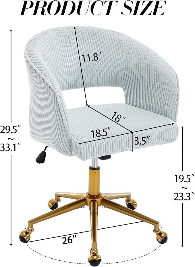 KCC Home Office Chair Swivel Desk Chair Accent Armchair Upholstered Modern Tufted Chairs with Gold Base for Girls Women Ergonomic Study Seat Computer Task Stools, with Wheels, Corduroy,Light Blue