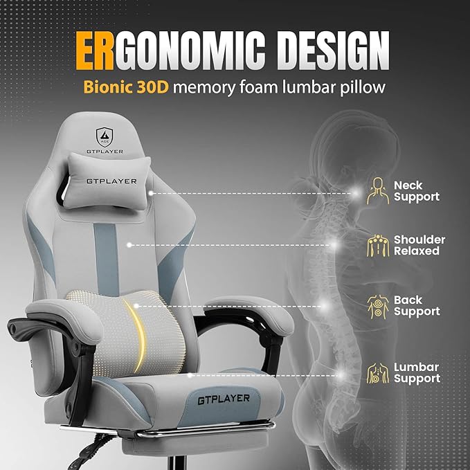 GTPLAYER Gaming Chair with Foot Rest & Pocket Spring Cushion, Breathable Fabric for Home Office Desk, Ergonomic High Back Computer Chair with Headrest & Lumbar Support, Blue/Gray