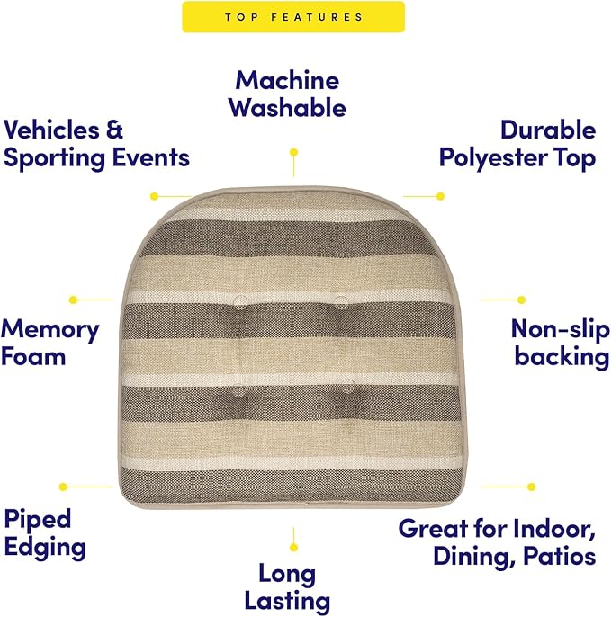 Sweet Home Collection Chair Cushion Memory Foam Pads Tufted Slip Non Skid Rubber Back U-Shaped 16.5" x 15.5" Seat Cover, 4 Pack, Bradford Beige/Brown