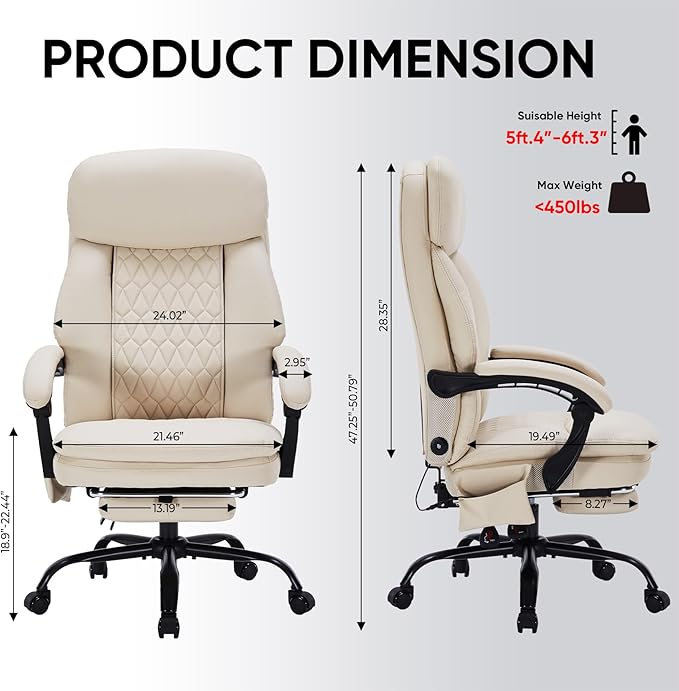 Kneading Massage Office Chair with Foot Rest,16 Nodes Shiatsu Massage Reclining Office Chairs,450lbs Home Office Desk Chair for Heavy People,Ergonomic Desk Chairs with Extra Cushion Pillow(Cream)