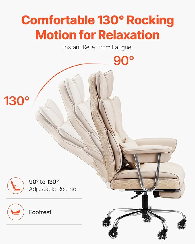 VEVOR Executive Office Chair with Footrest, 400lb Capacity Oversize Office Chair with Lumbar Pillow & Removable Armrests, Heavy Duty Ergonomic Chair, PU Leather Reclining Home Office Desk Chair, Brown