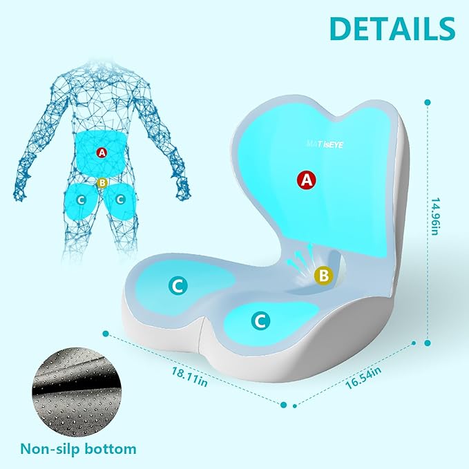 Orthopedic Memory Foam Seat Cushion with Adjustable Strap, Coccyx & Sciatica Pain Relief, Washable Non-Slip for Long Sitting, Ergonomic Posture Support for Office Chair, Car & Wheelchair (Blue Grey)