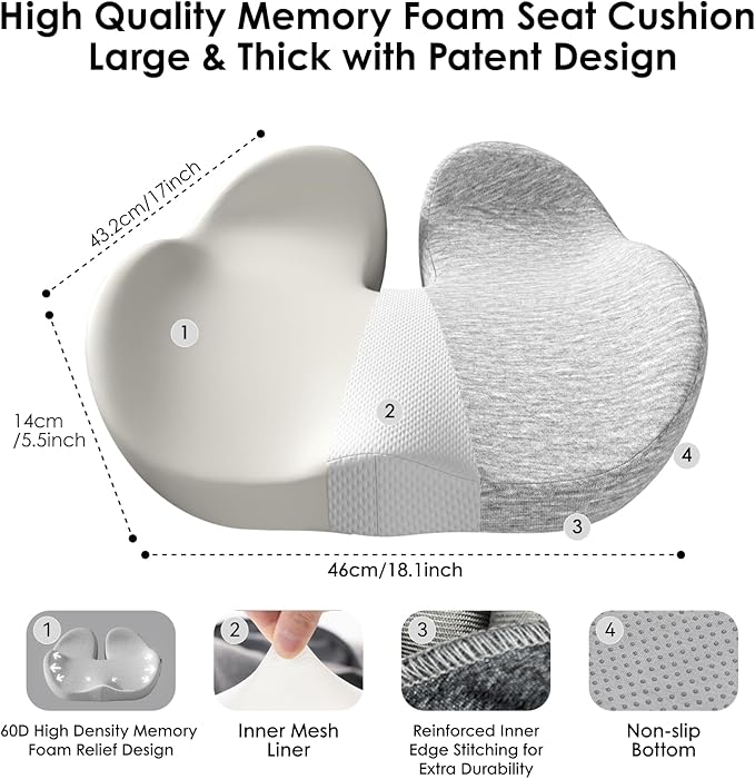 Car Seat Cushion, Memory Foam Cushion with Carry Handle for Drivers, Orthopedic Sciatica & Tailbone Pain Relief for Long Driving, Comfort