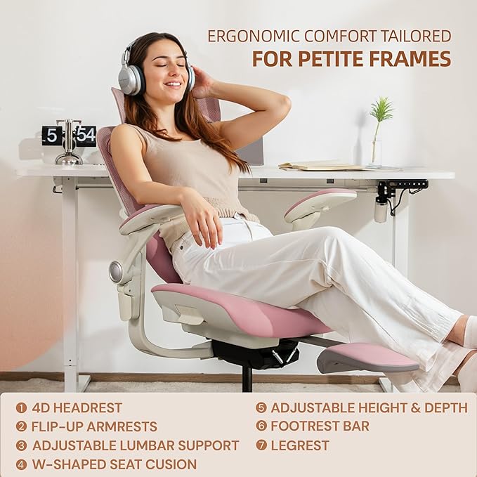 CabLady S2 Petite Ergonomic Office Chair for Women, Small Frame Desk Chair with Adjustable Lumbar, Headrest & Footrest, Space-Saving Flip-Up Armrests
