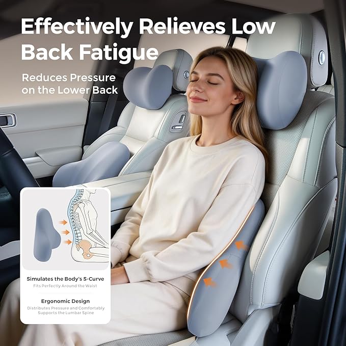 BABUR Lumbar Support Pillow for Car, Ergonomic Memory Foam Support Pillow for Lower Back Pain Relief, Washable Cover, Lumbar Cushion for Driving Seat, Fits Most Cars | Blue