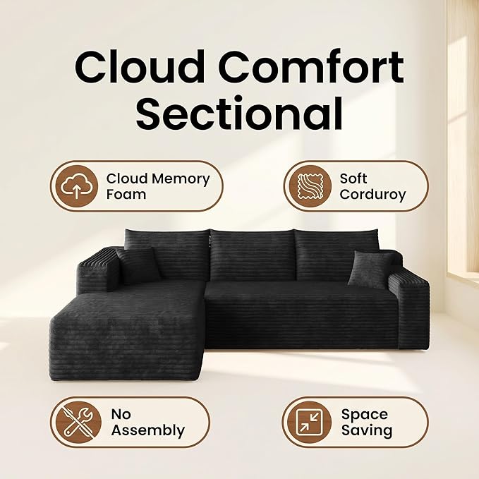 94" Black Boneless Couch with Left Facing Chaise for Living Room,Corduroy L-Shaped Sectional Couches,Compressed Memory Foam Cloud Sofa,No Assembly Required,Black