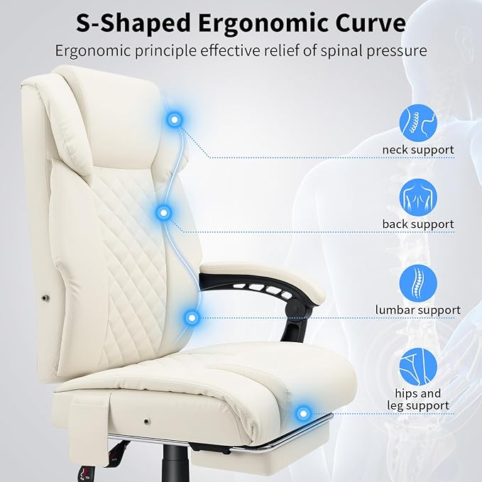 HOFFREE Heated Office Chair Massage Office Chair with Heat 400lbs Executive Reclining Home Desk Chair with Footrest,Linkage Armrests for Heavy People(Beige)