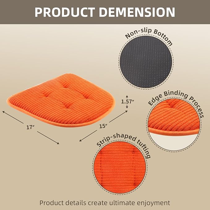 Memory Foam Chair Cushion, U-Shape 17" x 15" Tufted Non-Slip Back Seat Cushion for Dinning Room, Office, Kitchen, 4 Counts, Orange