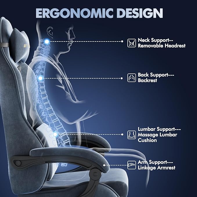 Gaming Chair Racing for Adult, Office Chair with Footrest Massage Lumbar Cushion, Velvet Fabric Reclining Video Game Chairs, Ergonomic Computer Chairs Height Adjustable, for Home Streaming, Grey