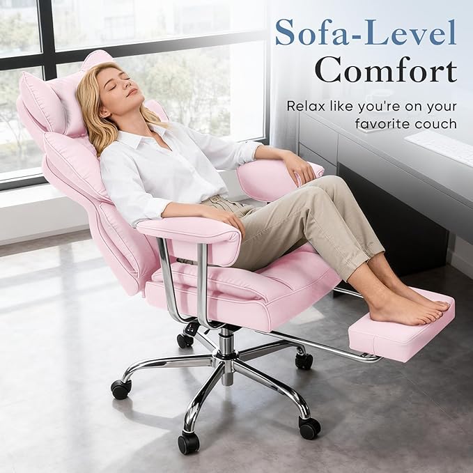 DUMOS Big and Tall Office Chair 350 LBS, Scratch-Resistant PU Leather Executive Office Desk Chair with Footrest, Ergonomic Reclining Computer Chair with Pocket Spring Support for Home Office, Pink