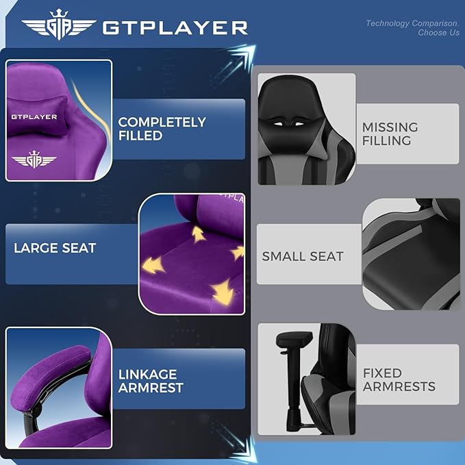 GTPLAYER Gaming Chair Fabric with Pocket Spring Cushion, High Back Ergonomic Computer Chair with Footrest for Adults Lumbar Support Swivel Game Chair for Office Gaming 350LBS, Dark Purple
