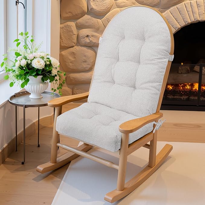 Rocking Chair Cushion - Lola Cotton-Linen Fabric, High-Density Sponge, Durable Comfort Non-Slip Bottom Tufted Seat Pads with Ties, Lola︱Off-White, 44x19x4 inch
