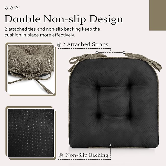 Wellsin Chair Cushions for Dining Chairs, Non-Slip Kitchen Chair Pads with Ties, Tufted Shredded Foam Kitchen Chair Cushions Set of 4, 15.5" X 15.5", Khaki