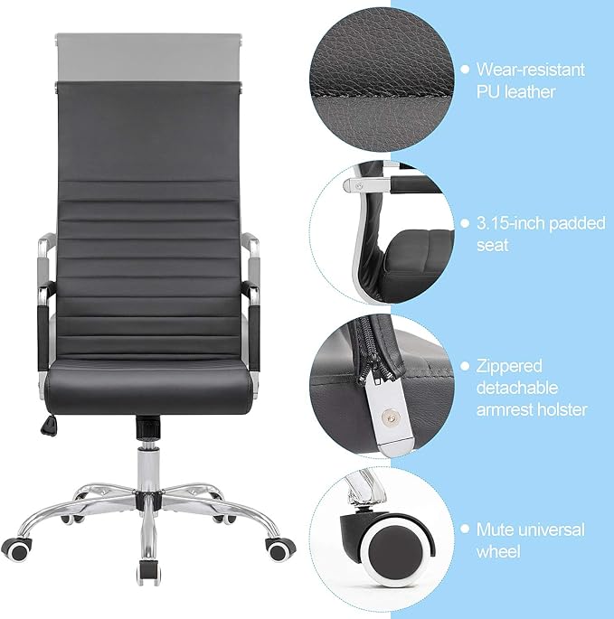 Ribbed Office Chair High Back PU Leather Desk Chair Adjustable Swivel Task Chair Computer Chair with Armrest for Conference Study Leisure (Black)