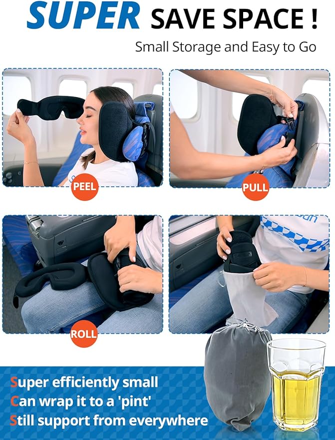 SARISUN Upgraded Travel Pillow, U-Shaped Airplane Head Strap for All Heights, 360° Support, 3D Sleep Mask, 100% Light Blocking, Long Flights Essentials Headrest, Stop Bobblehead, Black