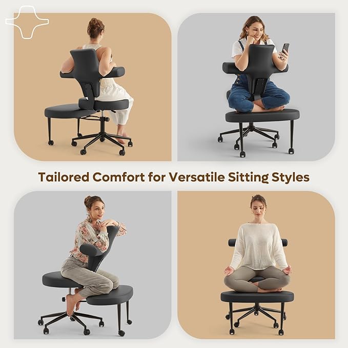 Pinmoco Ergonomic Cross Legged Office Chair Extra Wide for ADHD and Meditation, Kneeling Chair with 360° Swivel Wheels and Reversible Seating, Adjustable Height and Seat Deapth, PU Leather, Black