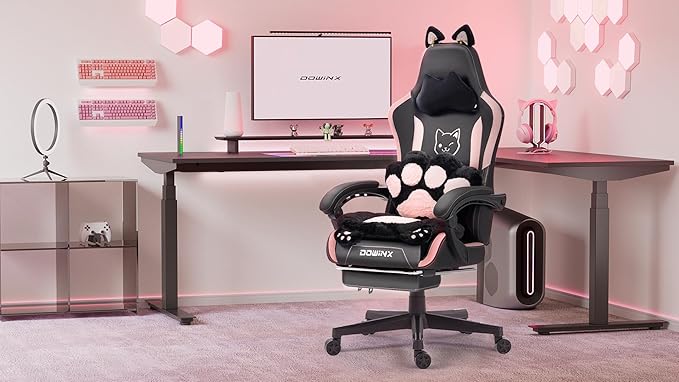 Dowinx Gaming Chair Cute with Cat Ears and Paw Lumbar, Ergonomic Computer Chair for Girl with Footrest and Headrest, Comfortable Reclining Game Chair 292lbs for Adult, Teen, Black