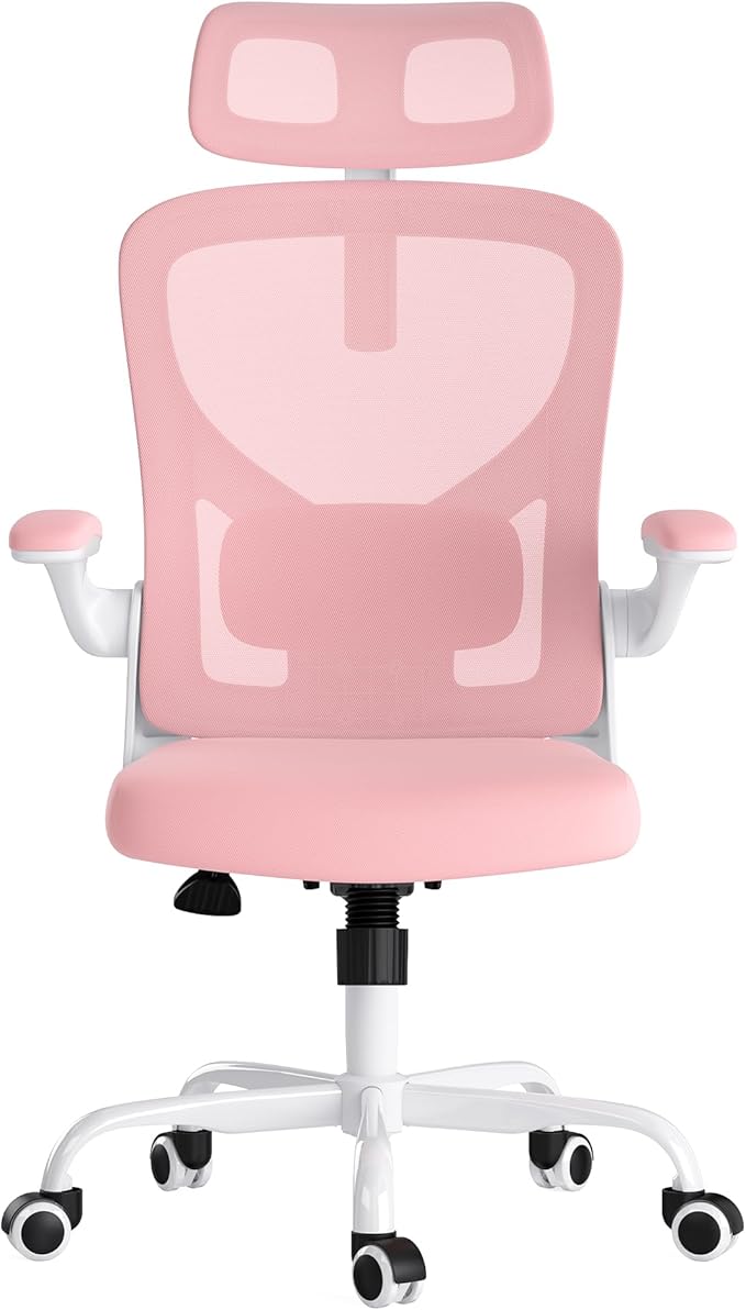 JOSHEN Breathable Mesh Elegance Office Chair, Modern Refined Office Chair with Adjustable Lumbar & Headrest, Minimalist Single Sofa Chairs for Home Office & Study, Pink,White
