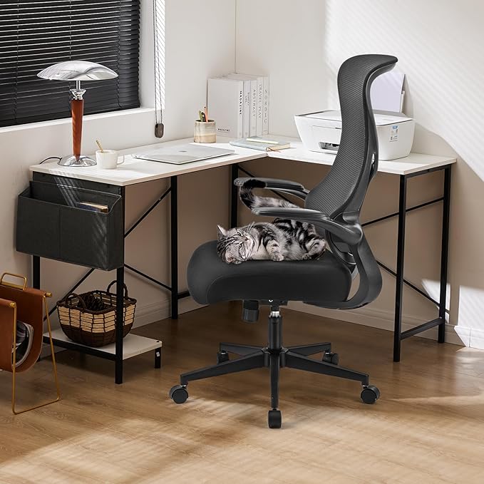 DUMOS Home Office Desk Chair - Ergonomic High Back Mesh Computer Chair with Comfy Flip-up Armrests, Adjustable Height Swivel Task Chair with Wheels, Comfortable Lumbar Support, for Adults, Black