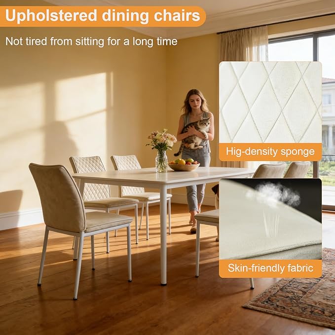 Lightdot Dining Chairs Set of 2, Accent Parsons Diner Chair Upholstered Fabric Stylish Kitchen Chairs with Metal Legs and Padded Seat for Dining Room, Vanity, Living Room, Bedroom Office,Beige