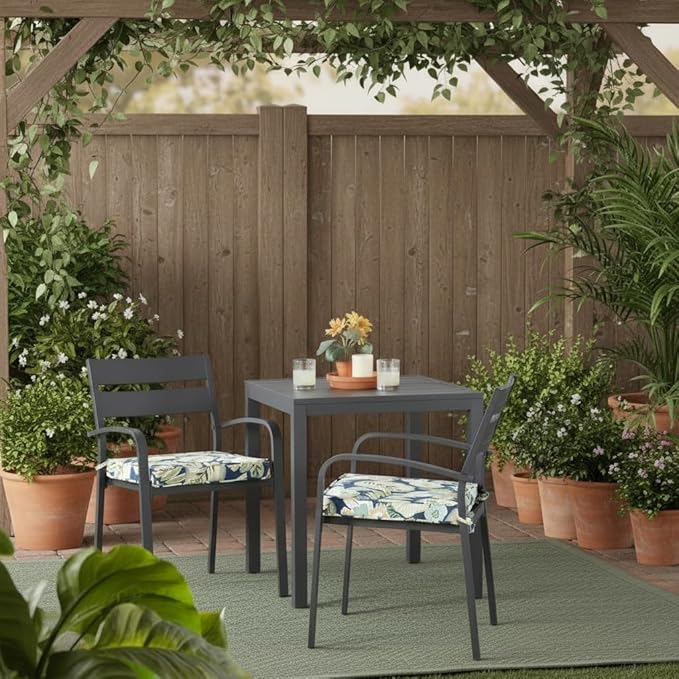 Outdoor 18 inch Square Patio Dining Chair Pads – Comfortable Fiber-Filled Seat Cushions with Ties, Reversible Polyester Fabric - Marlow Blue Floral, Set of 2