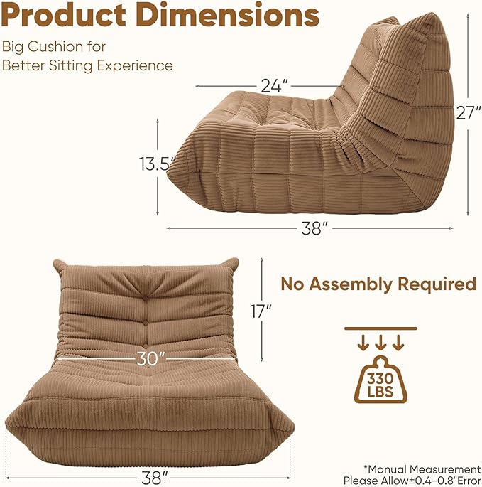 Trenda Bean Bag Chairs for Adults - Comfy High-Density Foam Fireside Chair, Adult Size, Soft Corduroy Cover Beanbag Couch, Versatile for Living Room, Bedroom, Dorm, Reading & Gaming (Brown)