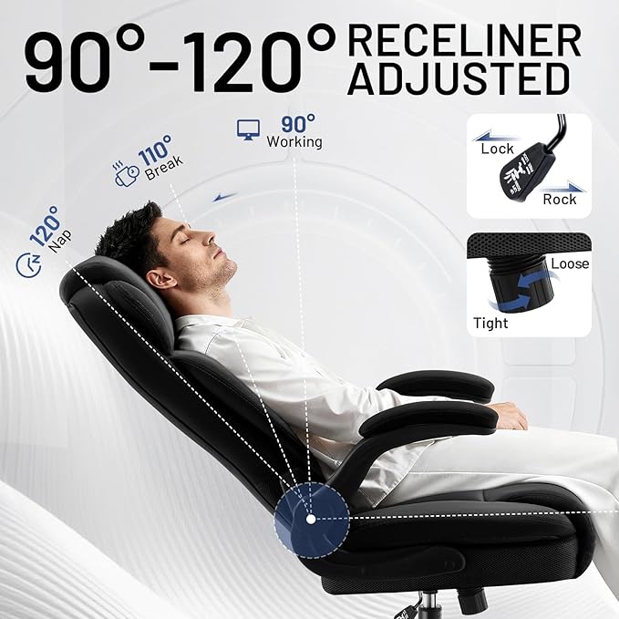 AreShark Ergonomic Office Chair with High Back Headrest,PU Leather Executive Desk Chair Padded Flip-Up Armrests,Lumbar Support,Swivel Computer Chair for Home Office & Gaming,Black